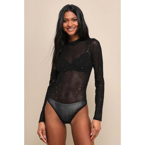 Lulus Black Sparkly Embellished Sheer Mesh Long-Sleeve Sexy Thong Bodysuit - Picture 10 of 15